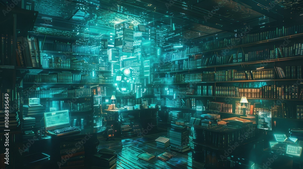 Digital library with floating books and holograms Digital library with floating books and holograms