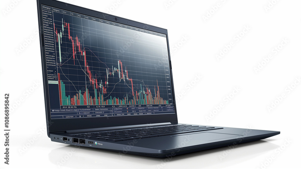 A modern laptop with a large screen displaying financial data A modern laptop with a large screen displaying financial data