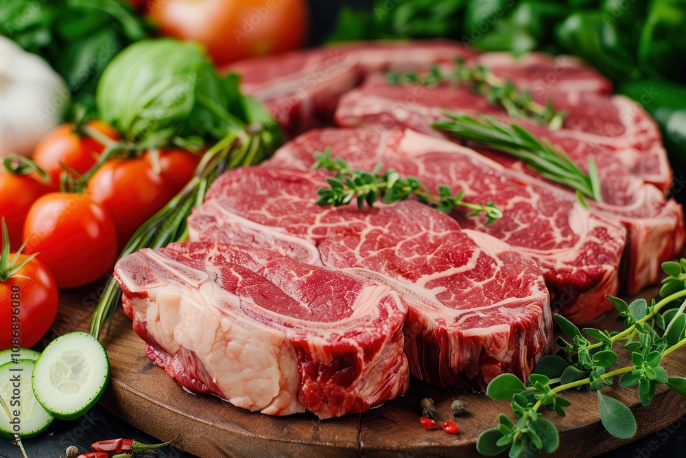 fresh halal food and grocery. Fresh cuts of marbled beef steak arranged on a wooden board, surrounded by vibrant vegetables like tomatoes, cucumbers, and herbs. fresh halal food and grocery. Fresh cuts of marbled beef steak arranged on a wooden board, surrounded by vibrant vegetables like tomatoes, cucumbers, and herbs.