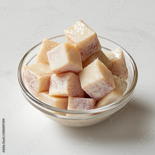 yam or taro cube in a small glass bowl