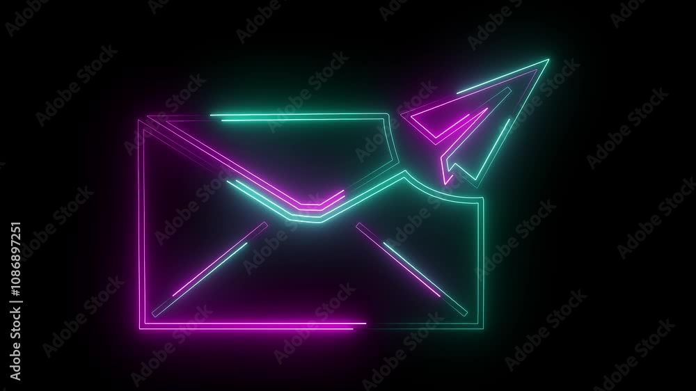 Neon mail sending concept symbol, message, e-mail, send icon animation on black background. Neon mail sending concept symbol, message, e-mail, send icon animation on black background.