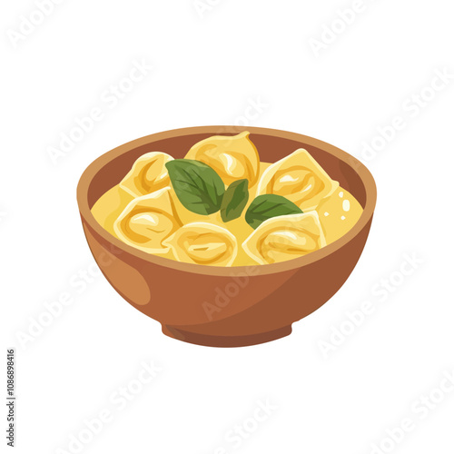 Simple flat 2D icon tortellini in broth isolated on  a white background, 2D flat illustration, food vector design