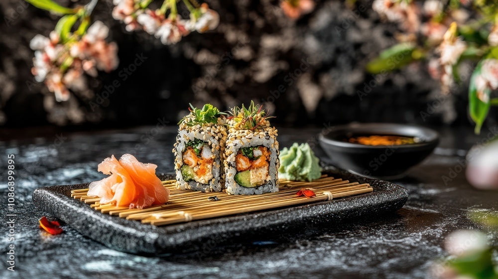 Delicious Sesame Crusted Sushi Rolls Garnished With Herbs Delicious Sesame Crusted Sushi Rolls Garnished With Herbs