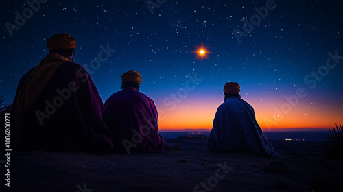 Three Wise Men gazing at bright star during holiday, Epiphany, at twilight, starry sky backdrop

