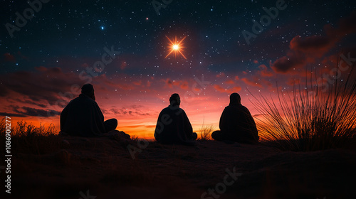 Three Wise Men admiring Star of Bethlehem during holiday, Epiphany, at sunset, starry sky view