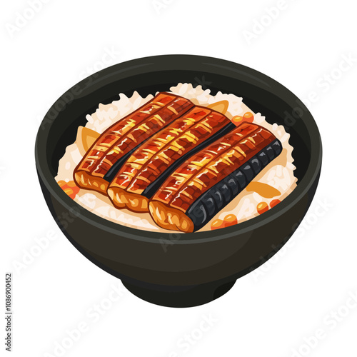Simple flat 2D icon unagi don grilled eel over rice isolated on a blue background, vector, flat design, animation design, vector, animation design, simple flat 2D icon, minimalist icon design