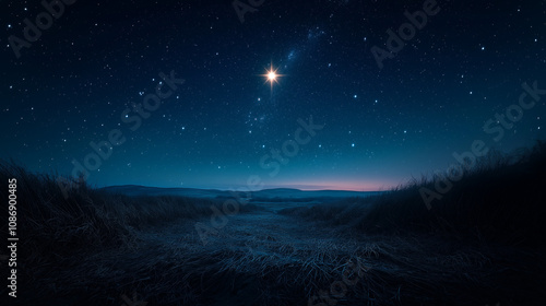 Scenic view of Star of Bethlehem during holiday, Epiphany, over dark field, cosmic night sky