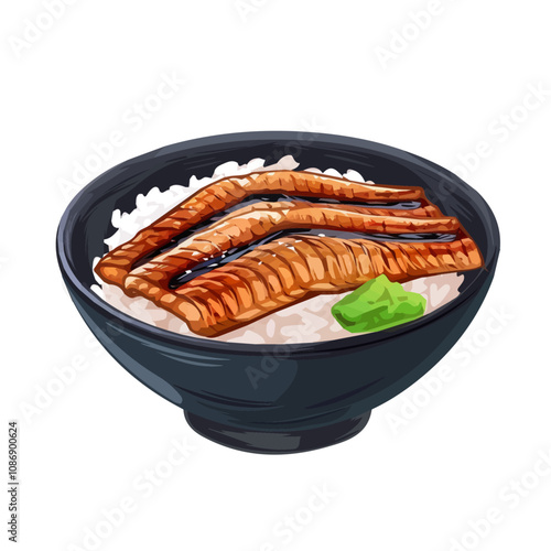 Simple flat 2D icon unagi don grilled eel over rice isolated on a blue background, vector, flat design, animation design, vector, animation design, simple flat 2D icon, minimalist icon design