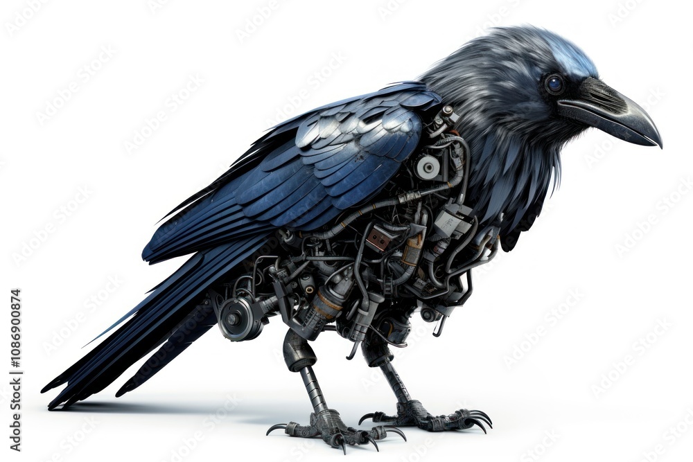 Fototapeta premium Cyborg raven animal bird white background.