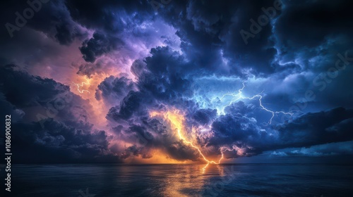 Dramatic Lightning Strikes Across a Dark, Turbulent Seascape: A Vivid Digital Painting of a Fierce Storm Over Ocean Waters