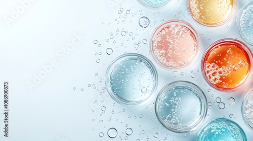 Floating Petri Dishes on Water, showcasing laboratory glassware for natural medicine and cosmetic research, emphasizing bio science and organic skin care products in a minimalist setting.