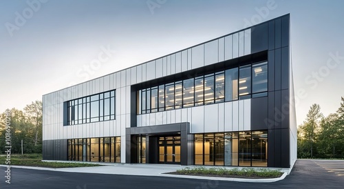 A photograph of an industrial building with a modern facade