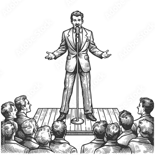 Stand up showman cheerful performer holding a vintage microphone, evoking classic entertainment and retro charm sketch engraving generative ai vector illustration. Black and white image.