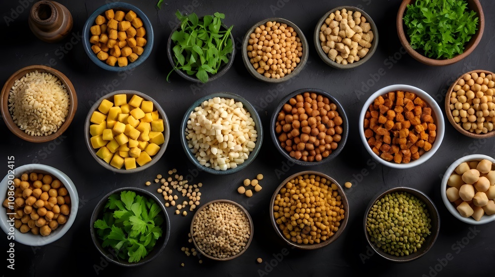 Assorted vegan plant-based protein tofu, tempeh, legumes, lentils, beans, chickpeas, green plant herbs. healthy eating cuisine & gourmet food presentation Assorted vegan plant-based protein tofu, tempeh, legumes, lentils, beans, chickpeas, green plant herbs. healthy eating cuisine & gourmet food presentation