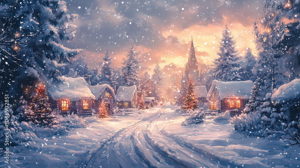 Snowy winter village night. New Year and Christmas card, graphic advertising background in vintage style Snowy winter village night. New Year and Christmas card, graphic advertising background in vintage style