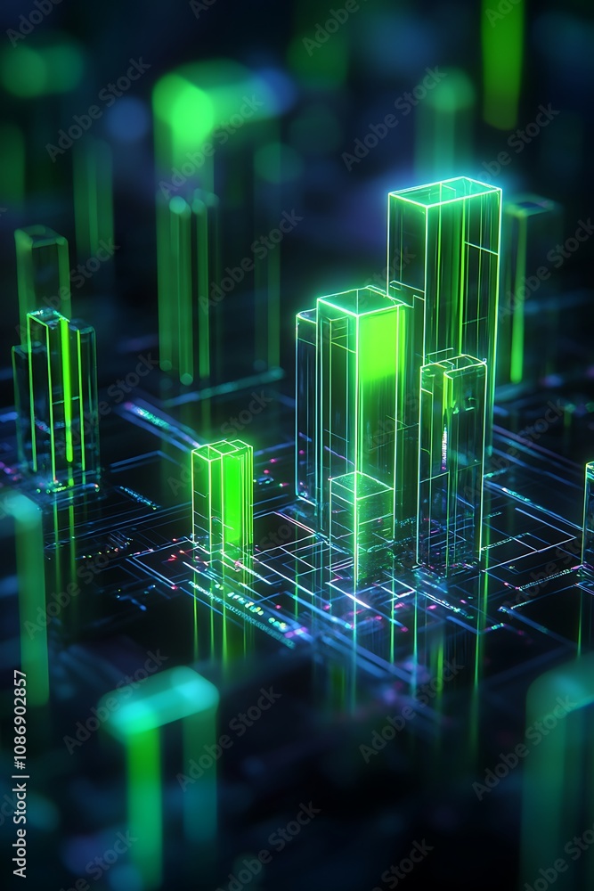 Futuristic Abstract Cityscape with Neon Green Skyscrapers and Digital Circuit Patterns Representing Technology and Innovation in Urban Environments Futuristic Abstract Cityscape with Neon Green Skyscrapers and Digital Circuit Patterns Representing Technology and Innovation in Urban Environments