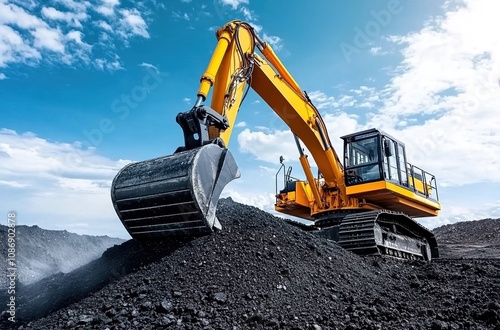 An excavator is digging in the coal mine, with a blue sky and white clouds above it