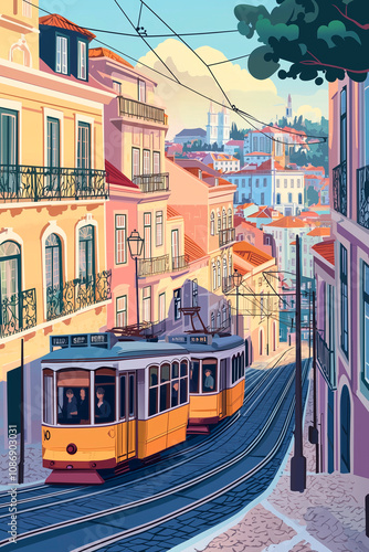 an illustration poster design of lisbon featuring historic trams, cobblestone streets, and pastel-colored buildings