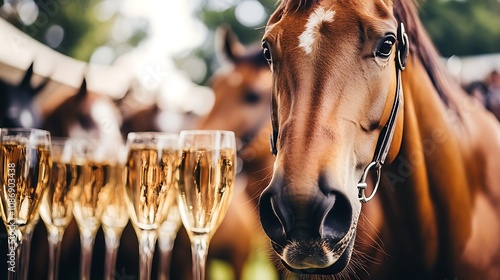 Fototapeta Naklejka Na Ścianę i Meble -  A horse is looking at a bunch of champagne glasses