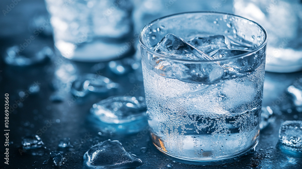 Refreshing glass of ice water on a dark surface with scattered ice cubes Refreshing glass of ice water on a dark surface with scattered ice cubes