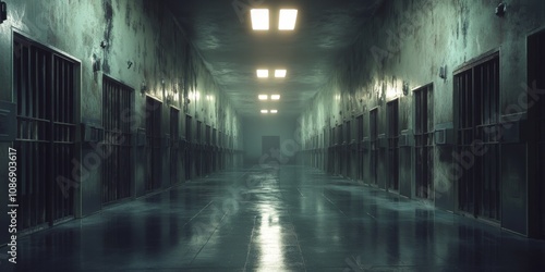 Empty prison corridor with dim lighting
 photo