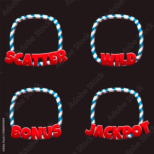 Bonus, Wild, Jackpot and Scatter Symbol Frames for Christmas Themed Slots. Candy cane frame collection. Christmas border with stripes set