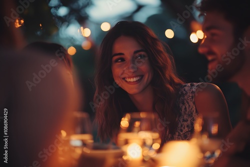 Smiling woman at a cozy evening gathering.