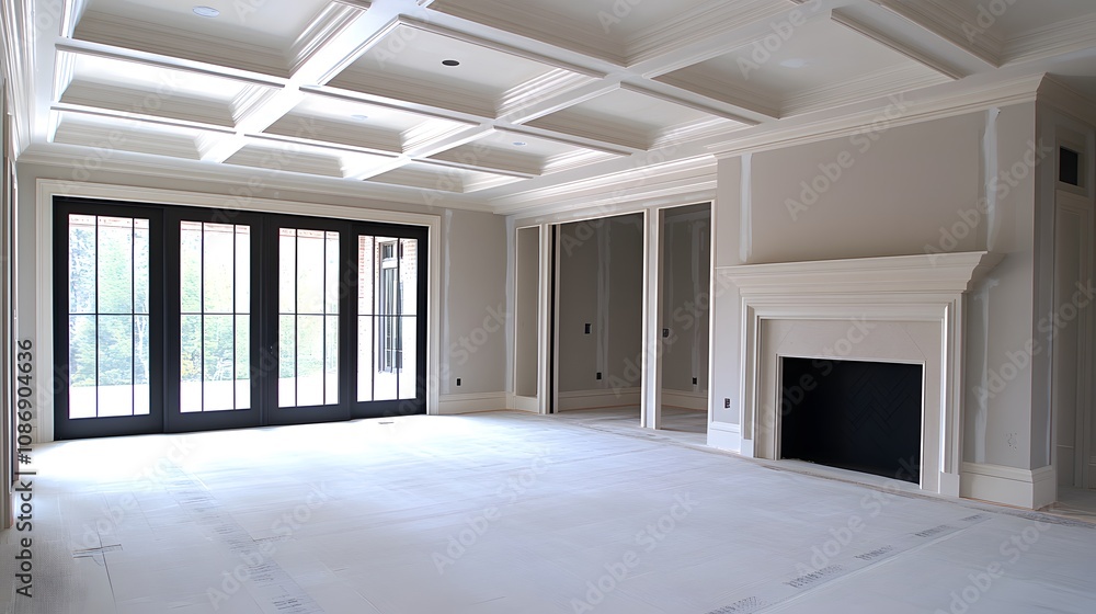 Fototapeta premium Spacious living room with coffered ceiling and fireplace.