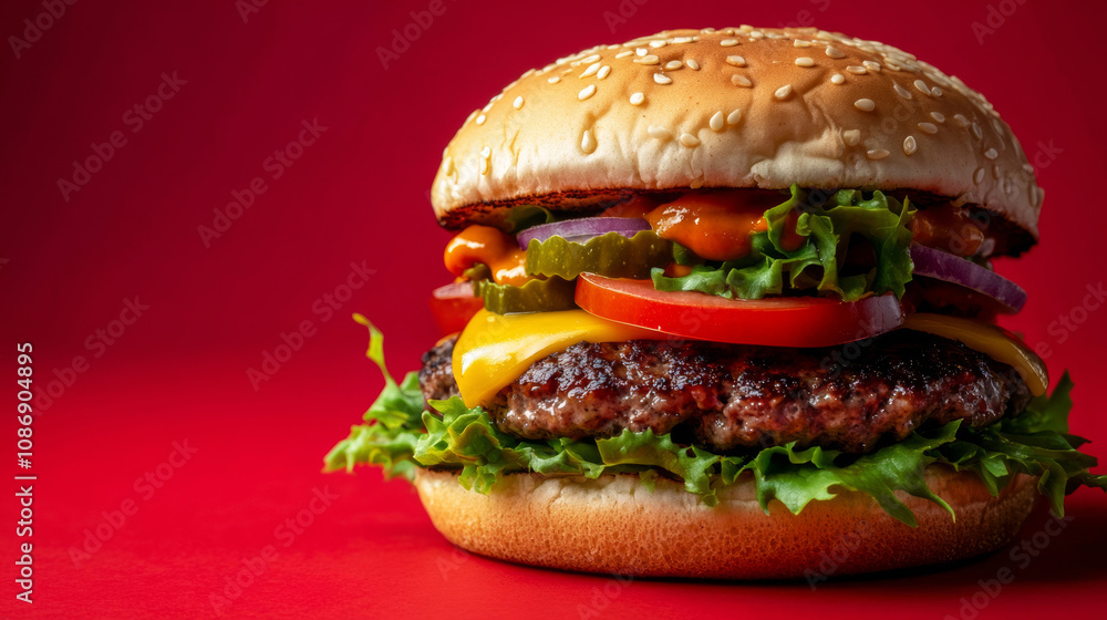 Delicious hamburger yummy burger with grilled meat beef vegetables cheese sauce fresh lettuce and tomatoes red background. food photography advertising fashion restaurant cuisine gourmet wallpaper Delicious hamburger yummy burger with grilled meat beef vegetables cheese sauce fresh lettuce and tomatoes red background. food photography advertising fashion restaurant cuisine gourmet wallpaper