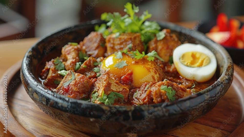 A close-up of a bowl of Indian curry with a soft-boiled egg and fresh cilantro on top. A close-up of a bowl of Indian curry with a soft-boiled egg and fresh cilantro on top.