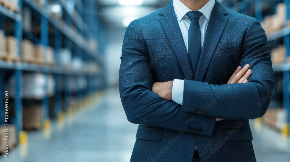 A professional man in a suit stands confidently with crossed arms in a warehouse setting, symbolizing authority and business acumen. A professional man in a suit stands confidently with crossed arms in a warehouse setting, symbolizing authority and business acumen.