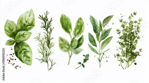 Culinary Herb Collection Watercolor Illustration, vibrant hand-painted herbs with intricate details, soft focus backdrop highlighting the beauty of fresh flavors and textures.