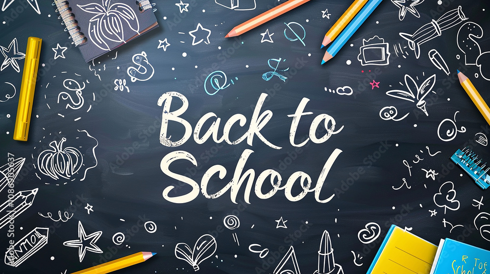 Colorful Back to School Chalkboard Design with Fun Illustrations, Pencils, Stationery Items, and Whimsical Doodles for Educational Themes and Seasonal Promotions Colorful Back to School Chalkboard Design with Fun Illustrations, Pencils, Stationery Items, and Whimsical Doodles for Educational Themes and Seasonal Promotions