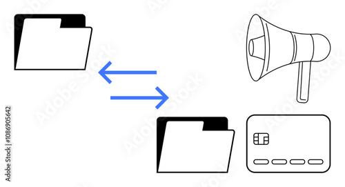 Folders with bidirectional arrows, a megaphone, and a credit card. Ideal for communication, data transfer, information flow, business processes, digital transactions, archiving project management