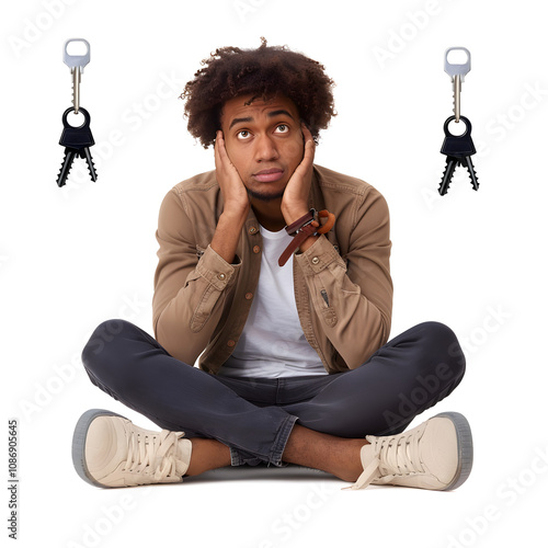 frustrated african american man locked out of house, waits for locksmith highlighted by white, vintage, png photo