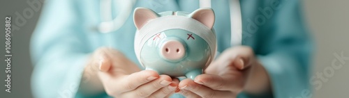 Doctor caring for injured piggy bank, showcasing bandaged eye and bruised features, symbolizing financial health and healing, emphasizing compassion and responsibility.