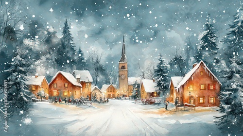 Wallpaper Mural Snowy winter village night. New Year and Christmas card, graphic advertising background in vintage style Torontodigital.ca