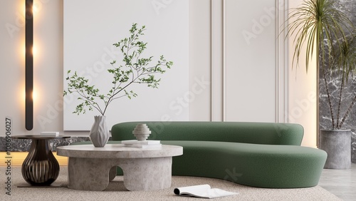 A modern living room with a curved green sofa, a round concrete coffee table, and minimalistic decor featuring a vase and a small plant. 3D rendering