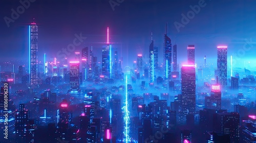 Futuristic cityscape with glowing blue neon lights