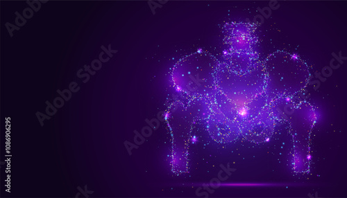 Silhouette of a hip joint made of glowing, multicolored dots, resembling stars. The particles form its anatomy, symbolizing mobility, strength, and the complexity of human movement.