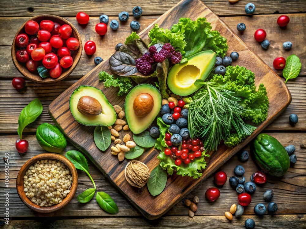 A Vibrant Display of Fresh Keto Ingredients Arranged Artistically on a Rustic Wooden Board, Perfect for Healthy Cooking and Nutrition Enthusiasts A Vibrant Display of Fresh Keto Ingredients Arranged Artistically on a Rustic Wooden Board, Perfect for Healthy Cooking and Nutrition Enthusiasts