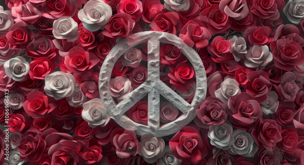 Obraz premium A peace sign is surrounded by a bunch of red and white roses. The roses are arranged in a way that they form the shape of the peace sign. Concept of peace and harmony, as the roses