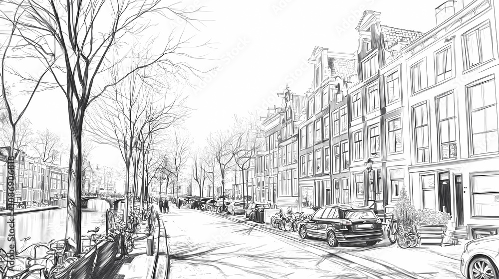 A charming black and white street scene featuring bicycles, waterways and stunning historic architecture in Amsterdam. A charming black and white street scene featuring bicycles, waterways and stunning historic architecture in Amsterdam.