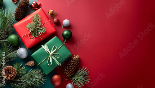 New Year concept. Top view photo of gift boxes with ribbon bows red green and gold baubles balls star ornaments pine cones mistletoe berries and spruce branches in frost on isolated green background
