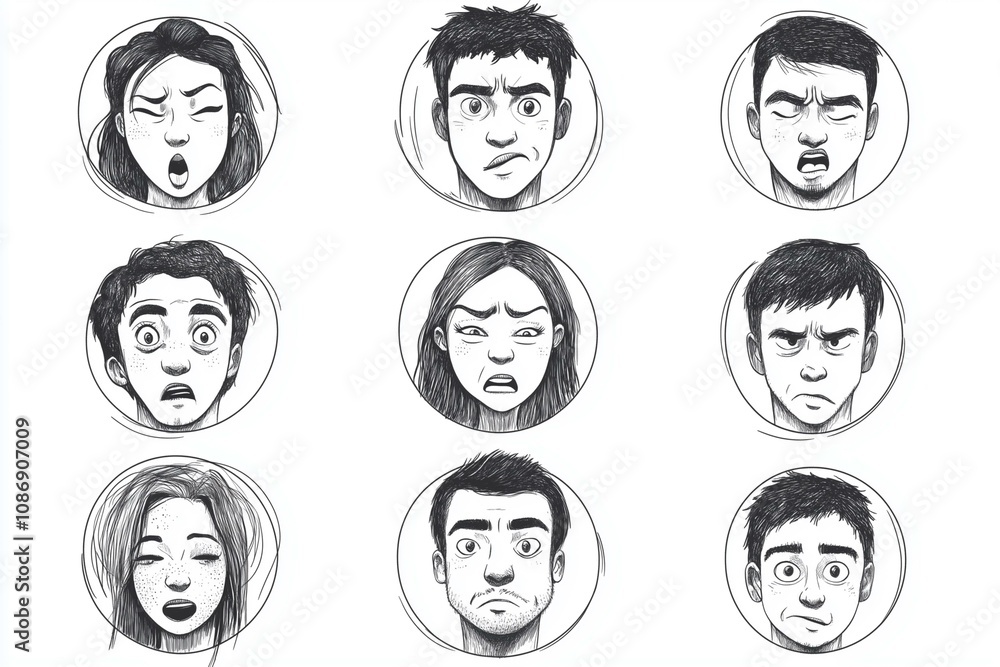 People facial expression icons drawn with pencil lines in circles.
People facial expression icons drawn with pencil lines in circles.