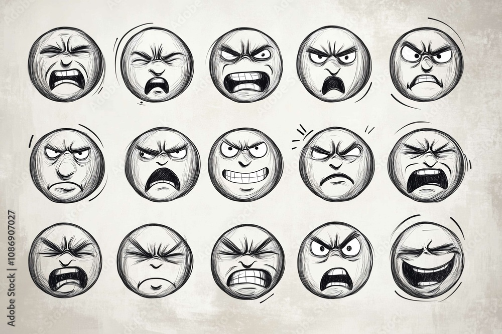 People facial expression icons drawn with pencil lines in circles.
People facial expression icons drawn with pencil lines in circles.