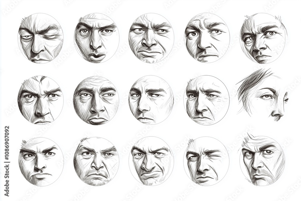 People facial expression icons drawn with pencil lines in circles.
People facial expression icons drawn with pencil lines in circles.