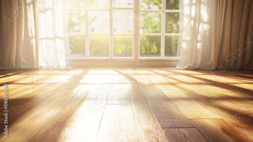 Sunlit 3D Render of a Cozy Living Room with Large Window and Wooden Flooring. Modern Interior Design Concept with Natural Light and Warm Ambiance