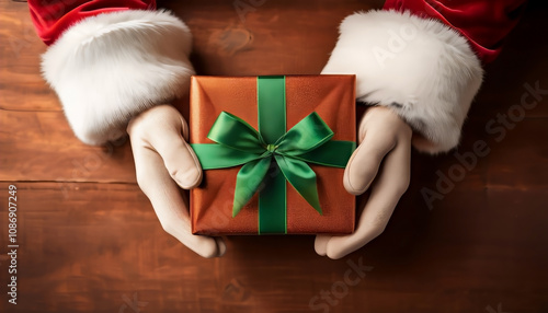 Santa Claus hands holding a beautifully wrapped green gift box with a red ribbon against a festive red background for Christmas celebration
