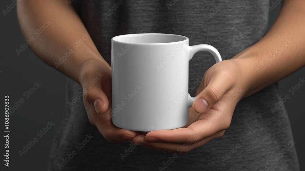 A person holding a plain white coffee mug in their hands against a dark background at home A person holding a plain white coffee mug in their hands against a dark background at home